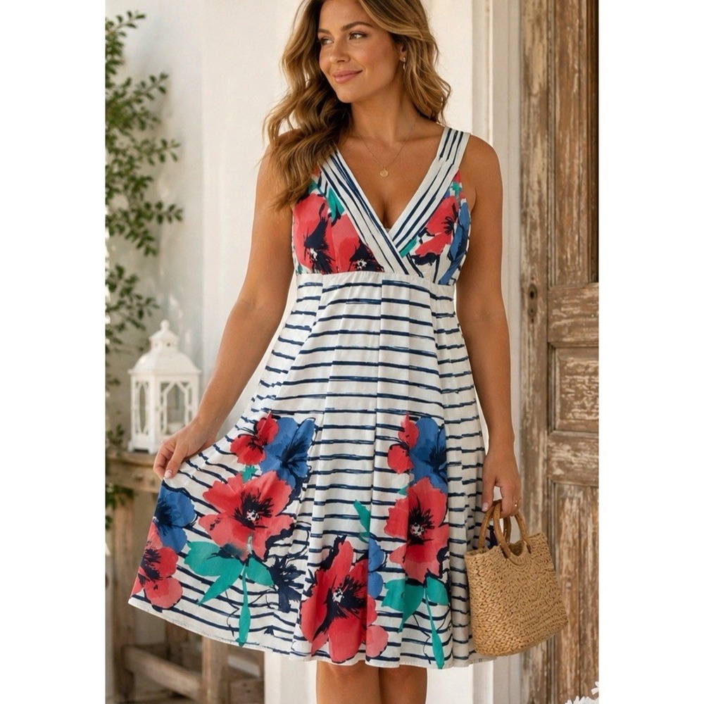 Per Una Floral Striped Babydoll Dress Sleeveless Size 12 Resort Nautical Garden